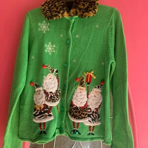 Christmas Holiday Santa Sweater Leopard Green Sz M